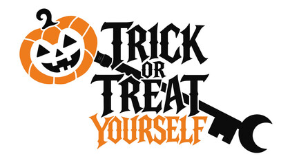 Trick or treat yourself halloween typography graphic with jack o lantern and vintage key halloween jackolantern typography seasonal lettering celebration invitation creative decorative © MUSTAFIJUR