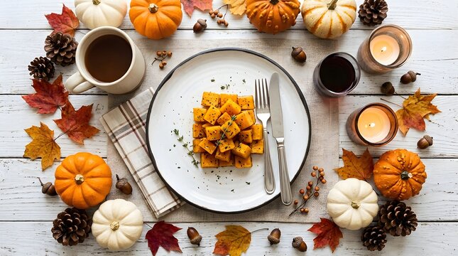 A beautifully arranged thanksgiving table setting featuring a plate of golden stuffing surrounded by miniature pumpkins and autumnal foliage evoking warmth and
