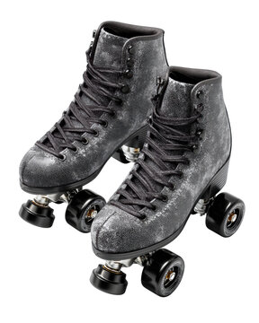 Pair of glittery black quad roller skates with high top boots and laces isolated