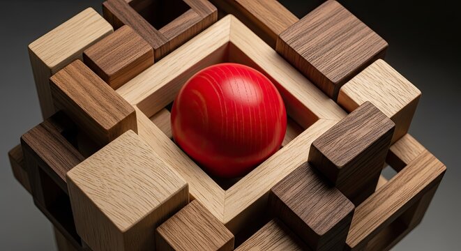 Complex Wooden Puzzle with Red Sphere Centerpiece - Abstract Geometric Design