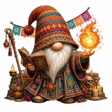 A whimsical gnome wizard in colorful robes casts a fiery spell while holding a magical book, surrounded by mystical candles, skulls, and ornate decorations.
