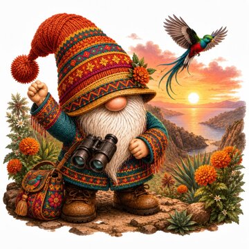 A colorful gnome with a knitted hat and binoculars stands on a rocky path surrounded by flowers, watching a vibrant bird fly at sunset over a scenic landscape.