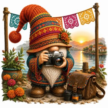 A gnome with a colorful knitted hat takes a photo by a lakeside village at sunset, surrounded by flowers, camera gear, and festive papel picado banners.
