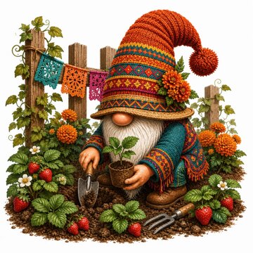 A whimsical gnome in a colorful hat plants a seedling among strawberries and marigolds by a wooden fence adorned with decorative flags.