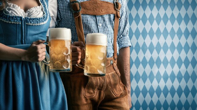 Faceless Bavarian couple in dirndl and lederhosen holding beer mugs for Oktoberfest celebration