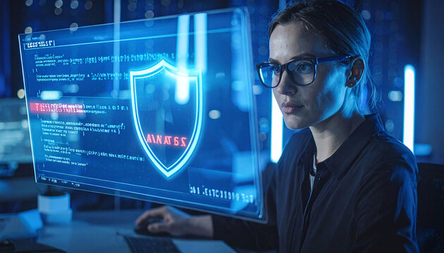 A focused woman monitors complex cybersecurity data on a glowing holographic screen in a dark office. This evocative scene symbolizes digital protection, innovation, and hightech vigilance.