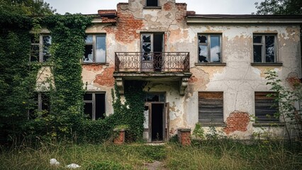 Fototapeta premium Abandoned derelict brick building overgrown with green ivy.