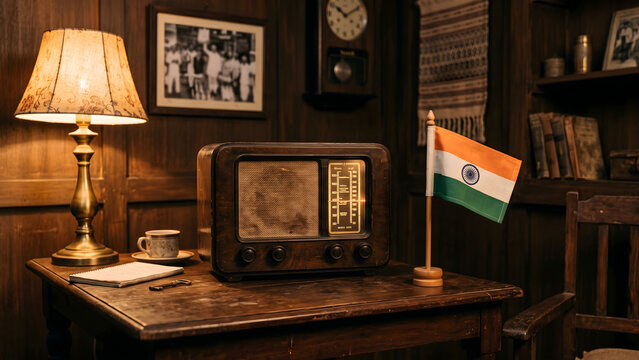 Vintage wooden desk with small Indian desk flag beside antique radio and classic table lamp