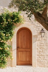 Fototapeta premium French Provencal farmhouse facade featuring an arched wooden door, surrounded by lush greenery and a decorative lantern on a textured stone wall