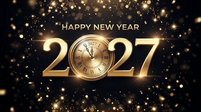 Glowing 2027 New Year celebration with golden clock and sparkles design.