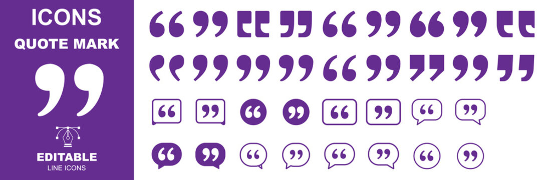 Set of quote mark, quotes icon, sign, symbol, emblem. Ditto marks icon set. Quotation marks. Dialogue discussion symbol for UI UX, website, mobile app