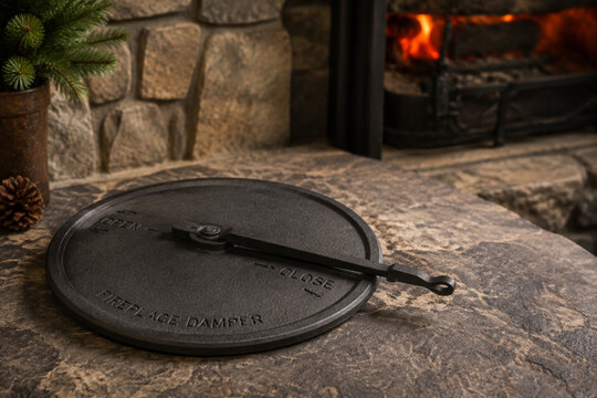Cast iron fireplace damper plate on textured stone with warm ember glow, cozy hearth and efficient warmth concept