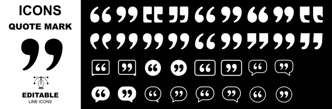 Set of quote mark, quotes icon, sign, symbol, emblem. Ditto marks icon set. Quotation marks. Dialogue discussion symbol for UI UX, website, mobile app