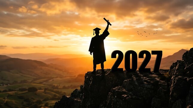 Graduate celebrating 2027 milestone on mountain peak at golden hour sunset