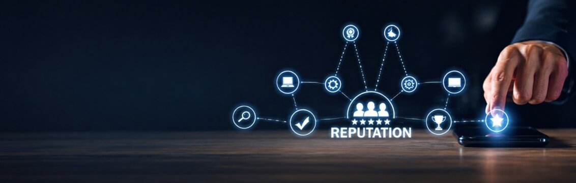 Reputation management concept with digital icons. Online brand monitoring and corporate identity protection. Business credibility and rating.