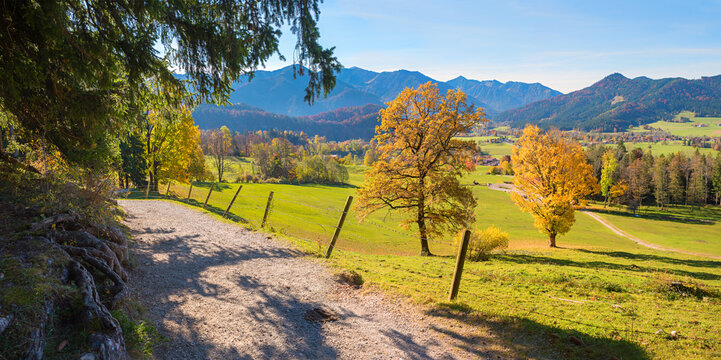 hiking trail from Marbach to Birkenstein, view to Fischbachau.autumnal landscape bavaria