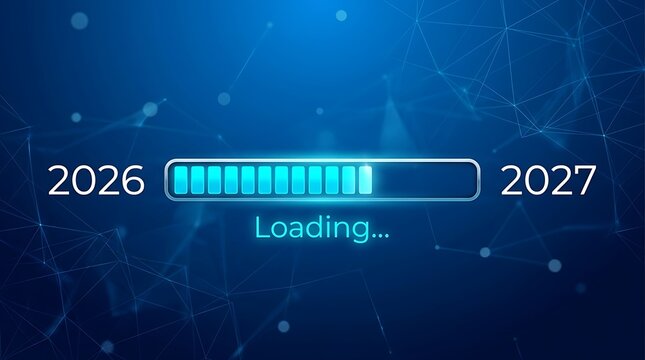 Futuristic loading bar transitioning from 2026 to 2027 with digital progress effect.
