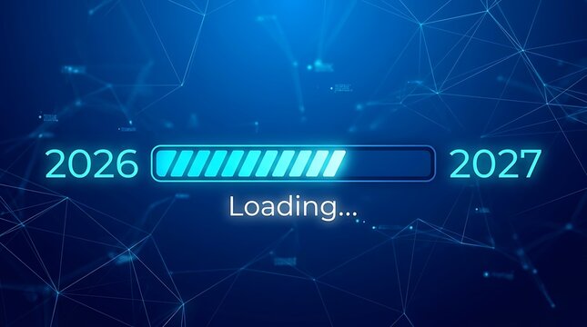 2026 to 2027 futuristic loading progress bar with digital transition concept