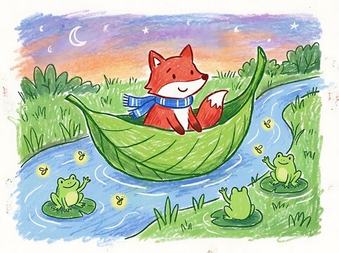 Cute fox in a leaf boat on a night river crayon art