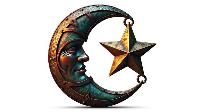 Mystical Crescent Moon Face with Star, Celestial Emblem