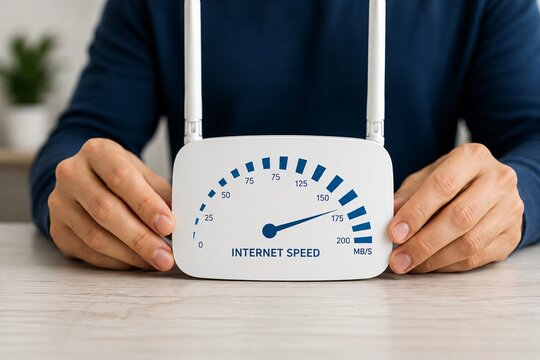 High speed internet router with speedometer graphic, fast wifi connection device held by hands, wireless network performance concept