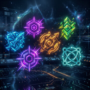 Collection of glowing futuristic sci-fi magical symbols and geometric digital emblems floating over a dark glowing technology circuit background