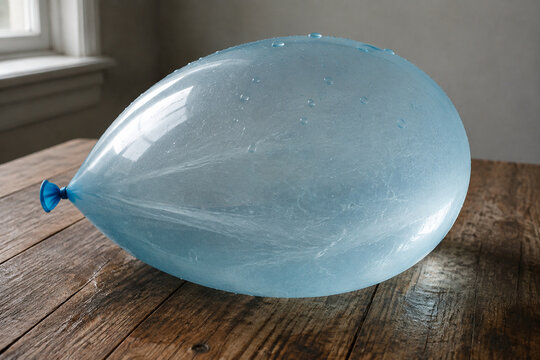 Overfilled translucent water balloon on wooden table, tension and fragility concept