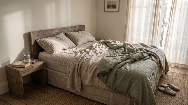Unmade Bed with Natural Linen Sheets in Cozy Sunlit Bedroom Modern Interior Design