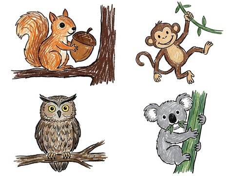 Crayon art collection of a squirrel monkey owl and koala