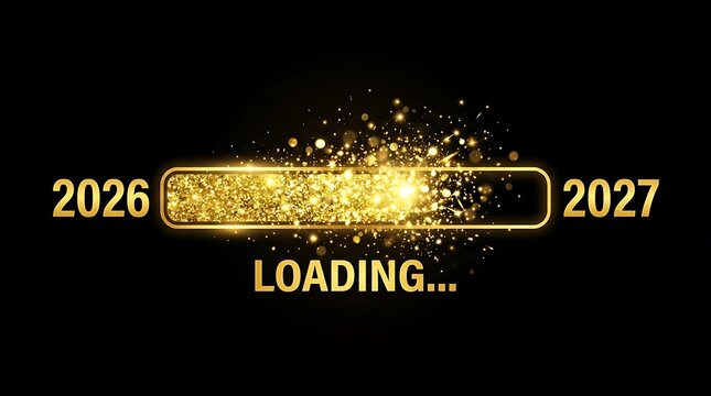 Futuristic loading bar transitioning from 2026 to 2027 with digital sparkles effect.