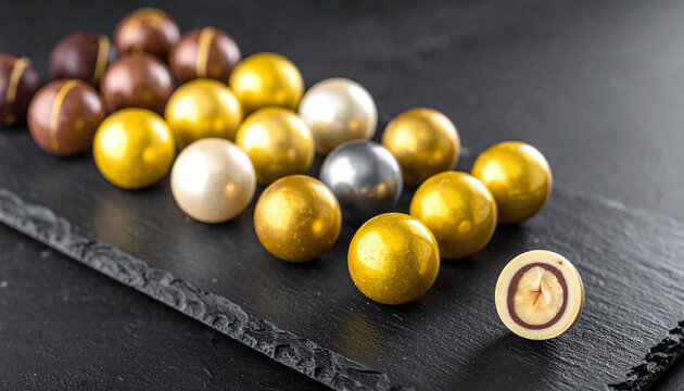 A sophisticated arrangement of gourmet chocolate spheres in gold, silver, and brown, presented on a black slate tray. Nobody is present. This elegant food photography evokes luxury and indulgence.