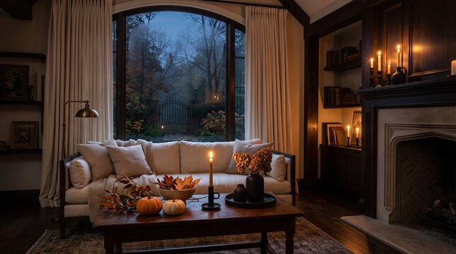Luxury Halloween Living Room Interior with Fireplace Glowing String Lights and Autumn Pumpkin Decor