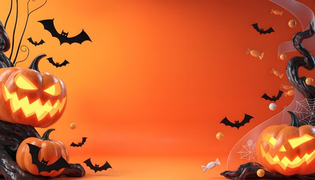Halloween Promotion Background with Glowing Jack O Lanterns, Bats, and Candies