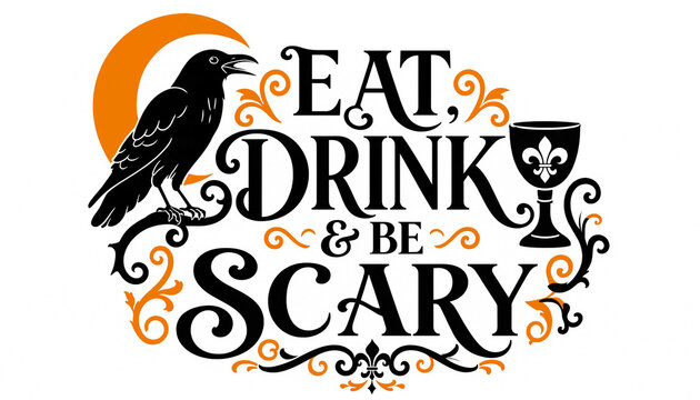 Eat drink and be scary halloween quote with raven and chalice illustration halloween typography celebration decorative invitation illustration mysterious greetings creature