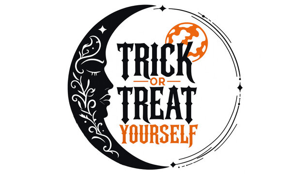 Spooky trick or treat yourself halloween graphic with detailed moon face halloween typography seasonal celebration crescent decorative invitation illustration greeting abstract