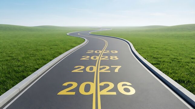 Road to 2027 with milestone markers showing 2025, 2026, and 2027 on empty highway.