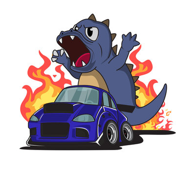 Blue JDM Car with Chibi Cartoon Kaiju  Rampage and Fire Background