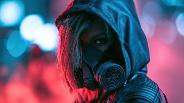 Person in futuristic gas mask with hood and neon lighting