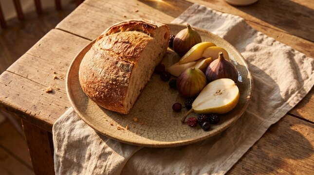 Freshly Baked Artisanal Bread on Ceramic Plate with Autumn Fruits Grapes Figs and Olive Oil