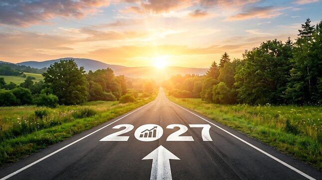 Sunrise road symbolizing new year 2027 with hopeful future ahead.