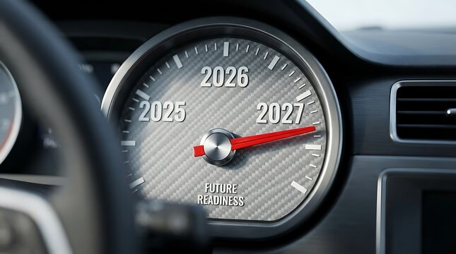 Modern car dashboard speedometer showing futuristic year markers 2025 to 2027.