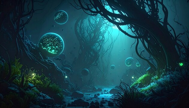 Discover a mysterious glowing alien forest with bioluminescent spheres and tangled dark trees with nobody around. Perfect for fantasy, scifi concepts, and immersive gaming backgrounds.