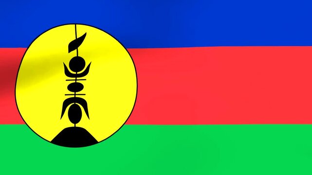 Waving flag of new caledonia featuring blue red and green horizontal stripes with a yellow circle and black symbol