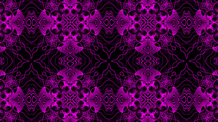 Fototapeta premium Abstract neon pink wavy line background design. Intricate magenta ornamental geometric kaleidoscope pattern vector. Modern dark luxury cyber lattice artwork.