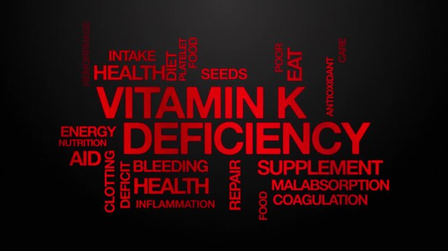 Vitamin K deficiency concept Animated Tag Word Cloud kinetic typography, Text Design Animation typography seamless loop video motion graphics Intro Wordart arrangement red type on black background bg 