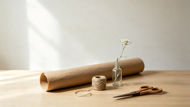 Minimal gift wrapping station with kraft paper, twine, dried edelweiss and scissors, alpine simplicity concept