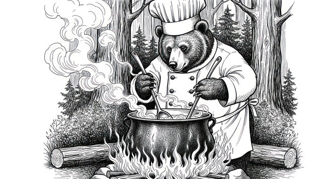 Hand drawn bear chef cooking over outdoor campfire.