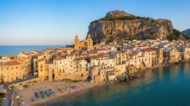 Aerial view of Cefal&ugrave;, Sicily, at sunset, picturesque coastal town with historic buildings, sandy beach, turquoise Mediterranean Sea and dramatic golden light over the Sicilian landscape.