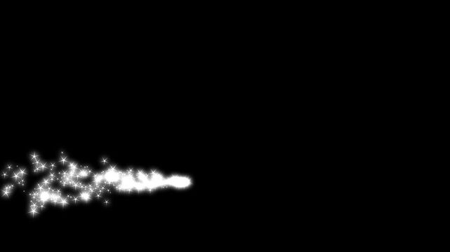 White glitter star particles flowing along a smooth magical curve, sparkling fairy dust, glowing doodle stars, shimmering light trail, elegant fantasy motion effect on black screen, 4K.