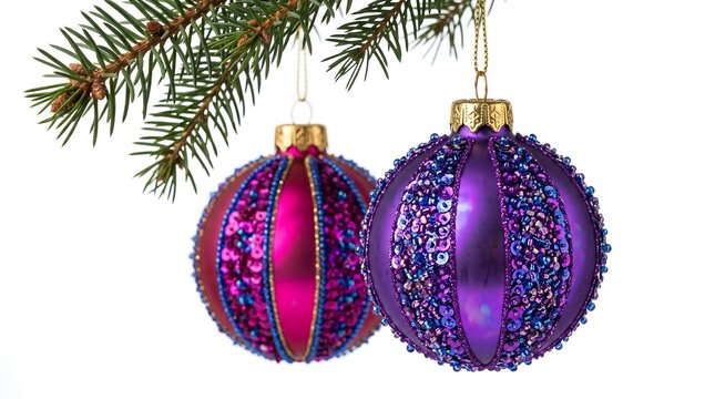 Two colorful glittery bauble ornaments hanging from pine branch